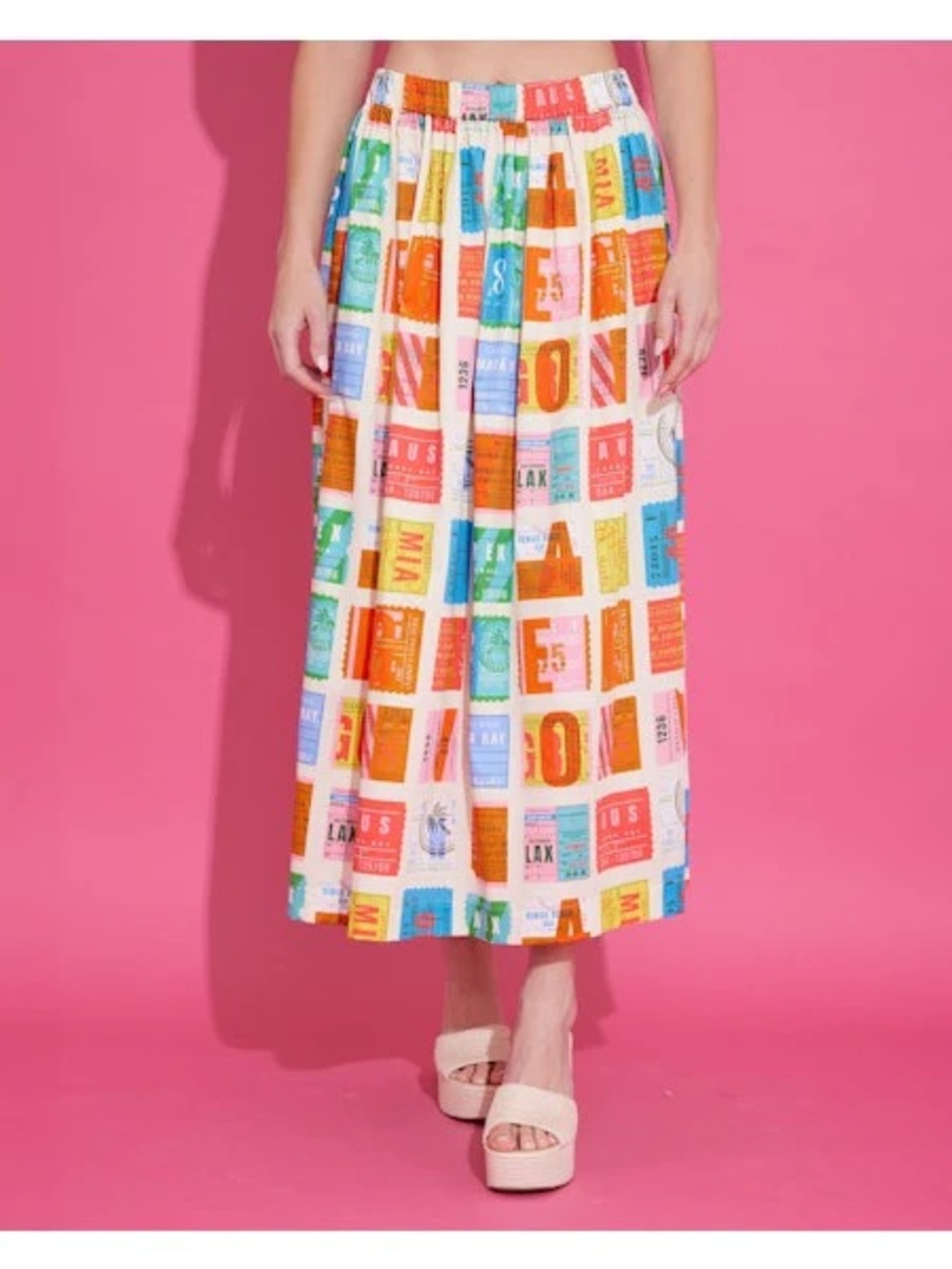 ALDEN ADAIR Danny Skirt in Bon Voyage Travel Ticket Print Midi Skirt NWT $248